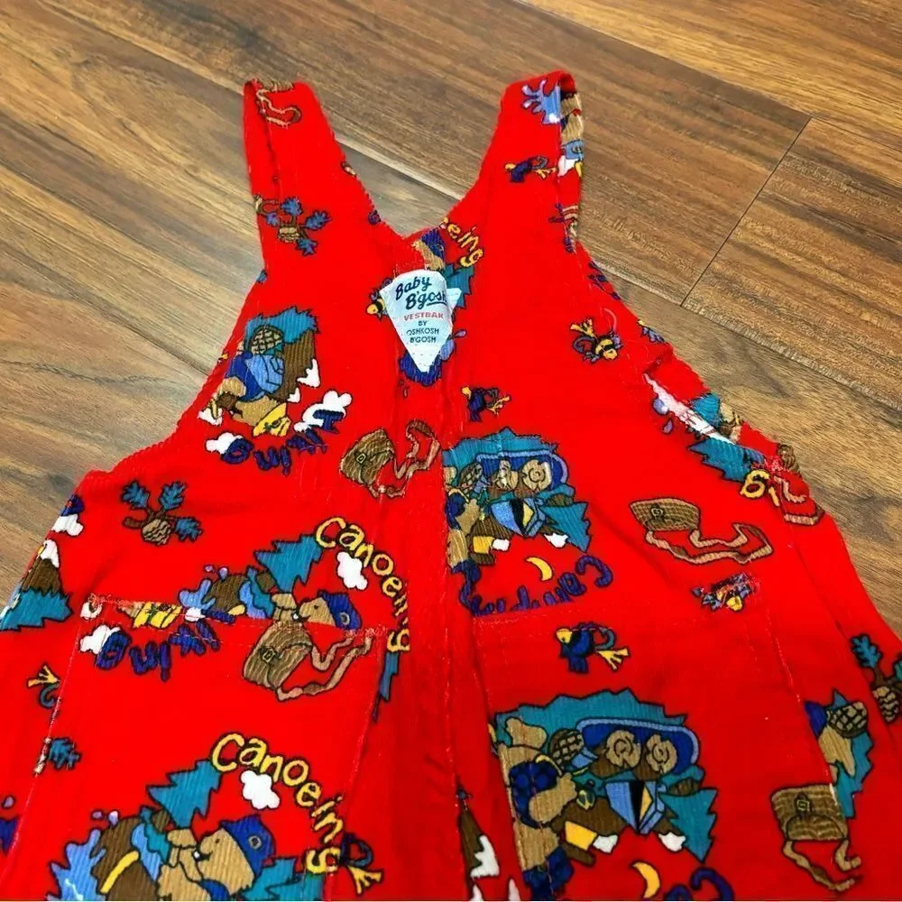 Osh Kosh B’Gosh vintage red corduroy bear camping fishing outdoors overalls